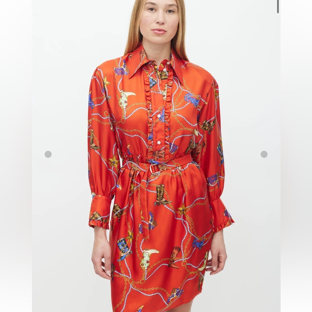Sandro Red & Multicolour 100% Silk Chain Belted Dress